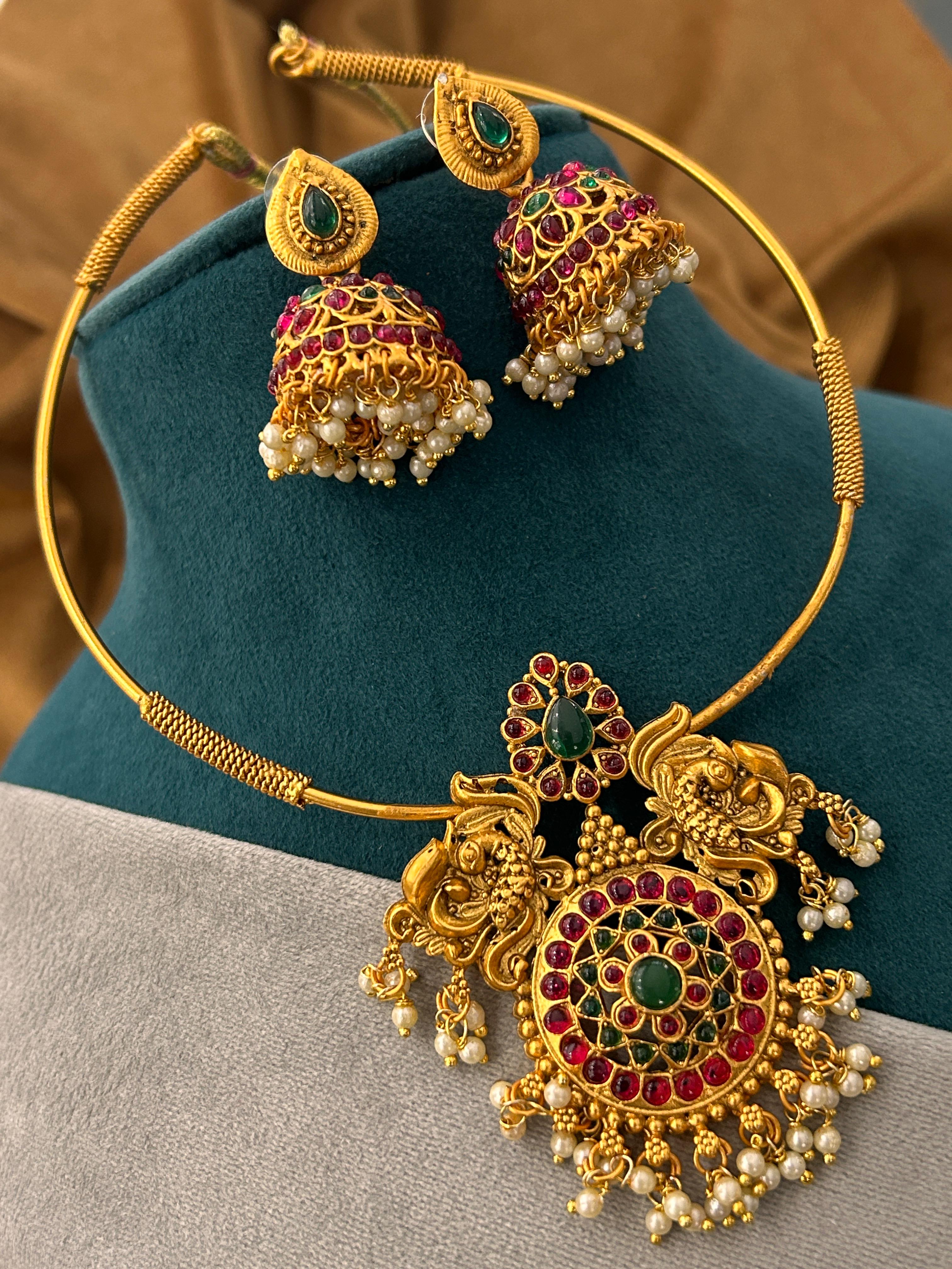 Peacock Motif Temple Necklace Set with Ruby-Green Stones & Pearl Drops